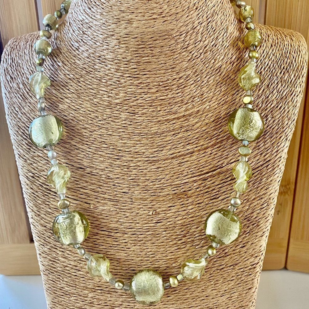 𝅺Pale Green Pearl Silver Lined Twist Glass & 925 Silver Handmade Necklace OOAC